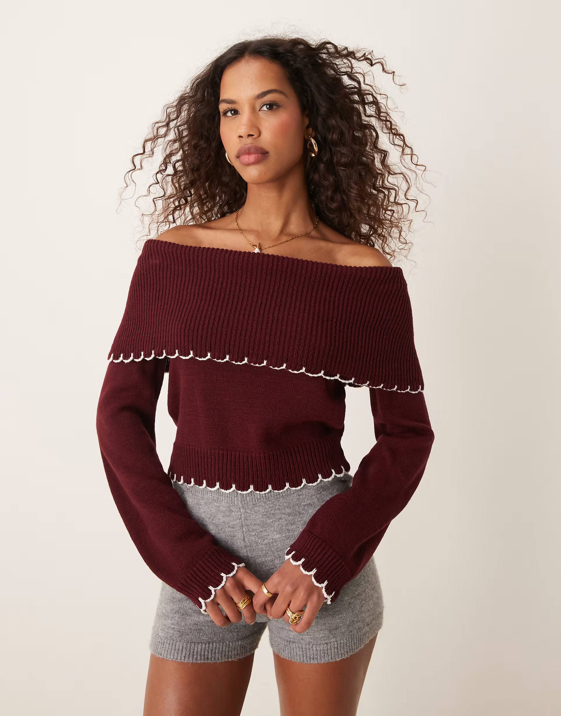 Miss Selfridge blanket stitch bardot knitted top | ASOS (Global)