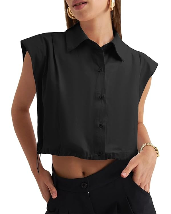 Tankaneo Womens Sleeveless Button Down Shirts Casual Loose V Neck Pad Shoulder Crop Tank Top | Amazon (US)