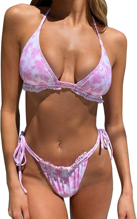 YIUOR Ruffle Triangle Bikini Set Tie Dye Brazilian String Swimwear 2 Piece Frilled Side Tie Swims... | Amazon (US)