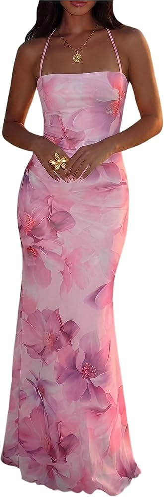 SOLY HUX Women's Floral Backless Halter Dress Mesh Bodycon Maxi Dresses | Amazon (US)