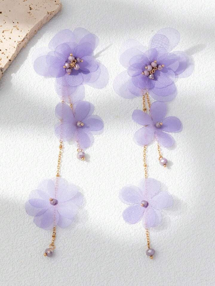 1pair Handmade Cloth Flower Long Earrings For Women Suitable For Daily Wear | SHEIN