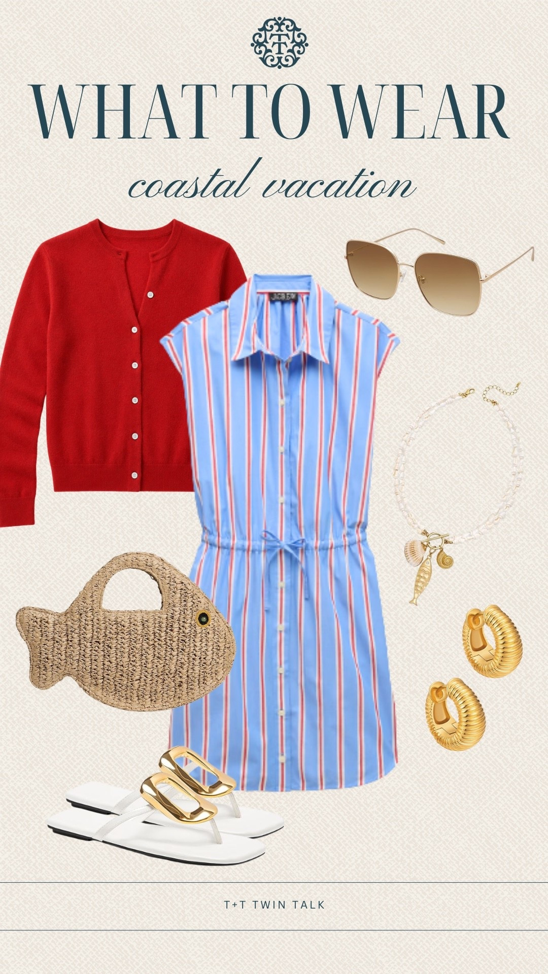 T+T, what to wear! This striped shirtdress paired with the red cardigan feels so fun for a coastal vacation. Styled with the fish-shaped woven bag, shell necklace, gold earrings, sunglasses, and white sandals, it’s a great outfit for lunch, sightseeing, or dinner near the beach.

#LTKootd #LTKgrwm #LTKdayinmylife