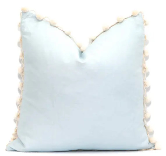 Linen Pillow Cover in Sky Blue With off White Pompom Trim. | Etsy | Etsy (US)