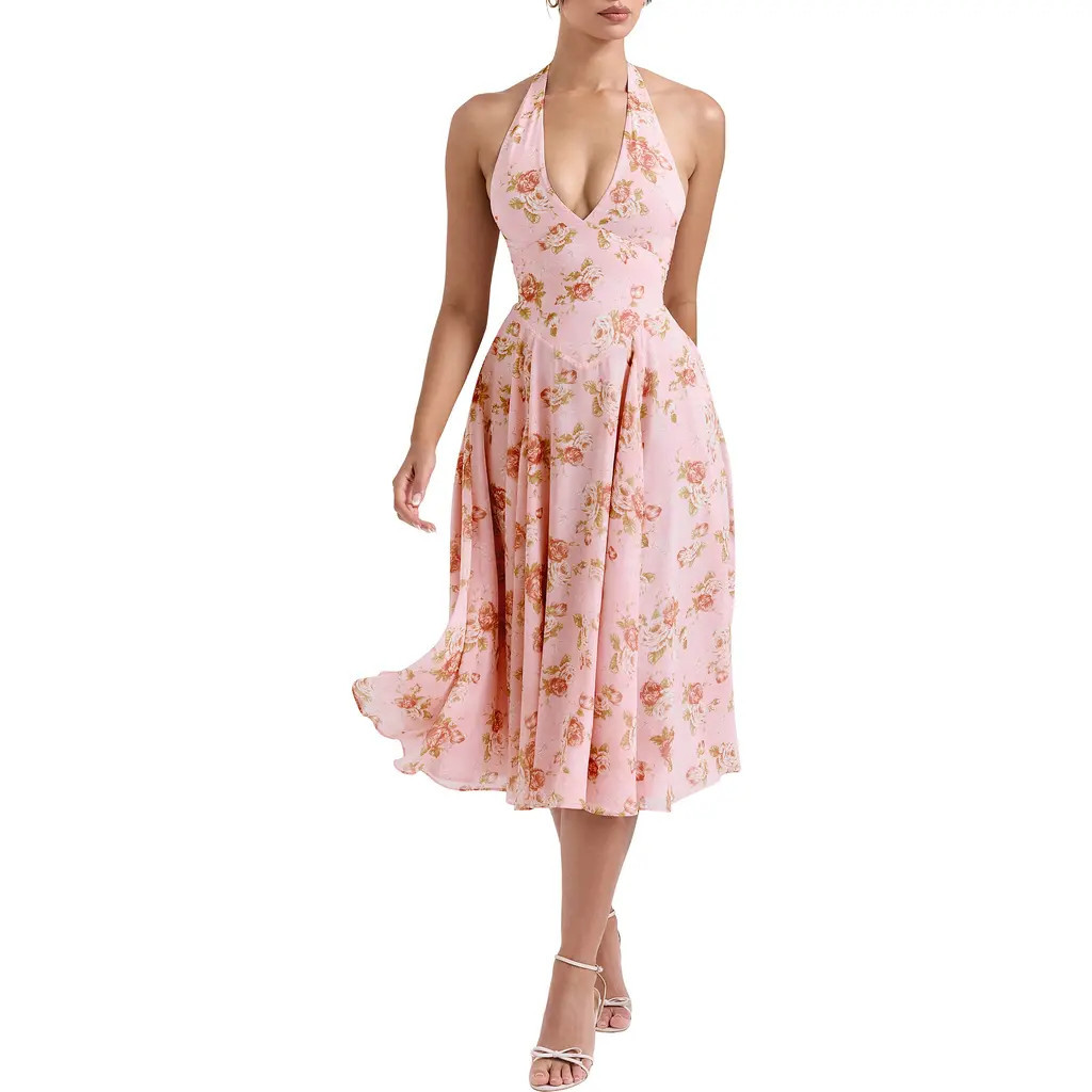 HOUSE OF CB Solada Floral Halter Midi Sundress in Vintage Rose Print at Nordstrom, Size X-Small A | Nordstrom