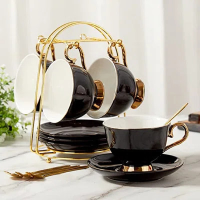 Tea Cups And Saucers Set Of 4 (7.4oz), Luxury Tea Cup Set With Golden Trim, Black Coffee Cups With Metal Stand, British Porcelain Tea Party Set - Blac | Wayfair North America