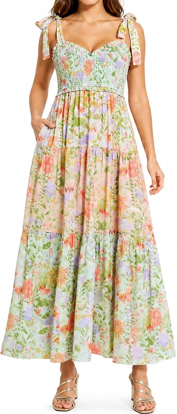 Womens Summer Boho Floral Maxi Dress A-Line Smocked Patchwork with Pockets Tie Shoulder Flowy Y2K... | Amazon (US)