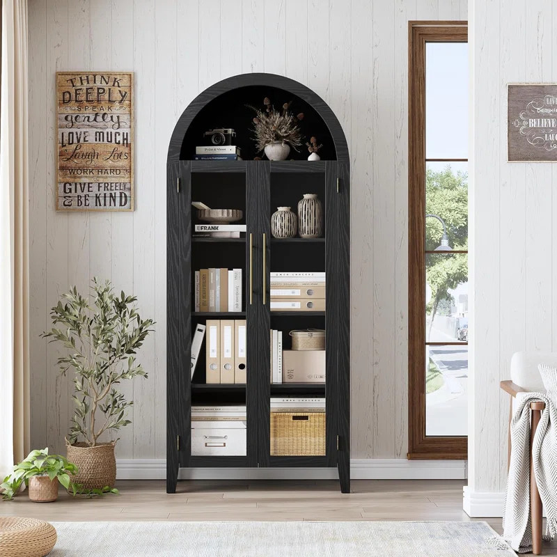 63'' Tall Arched Bookcase with 2 Large Glass Doors, Farmhouse 5 Tier Pantry Storage Cabinet with ... | Wayfair North America