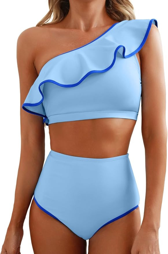 Herseas Women's One Shoulder Bikini Sets Color Block Trim Ruffle Hem Swimsuits Elegant Bathing Su... | Amazon (US)