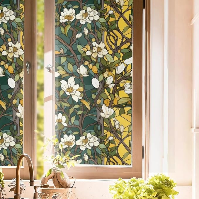 Vintage White Yellow Dark Green Flowers Leaf Stained Glass Window Films Decorative Double-Side Pr... | Amazon (US)