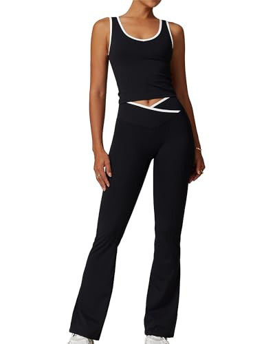 LAITEGOG Women 2 Piece Workout Sets Flare Leggings Crossover High Waist Yoga Outfits Sports Bra Gym Activewear | Amazon (US)