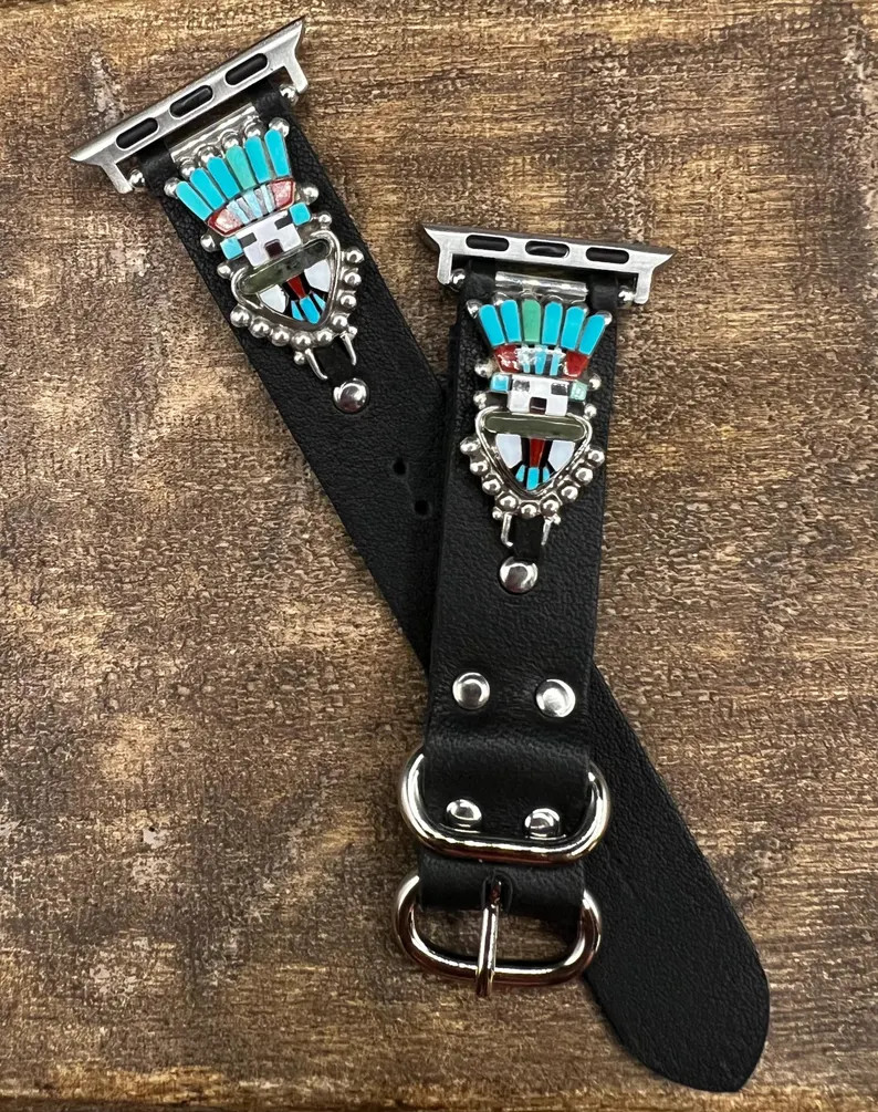 Custom Black Leather Apple Watch Band Vintage Sterling Silver Zuni (native American) Multi Stone ... | Etsy (US)