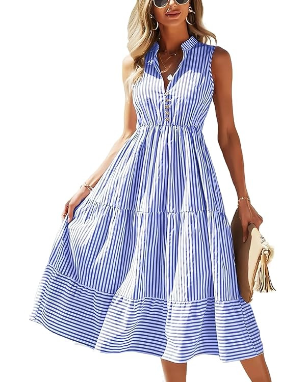 BROVAVE Womens 2026 Summer Sleeveless Shirt Dress Collar Striped V Neck Casual Midi Dresses | Amazon (US)