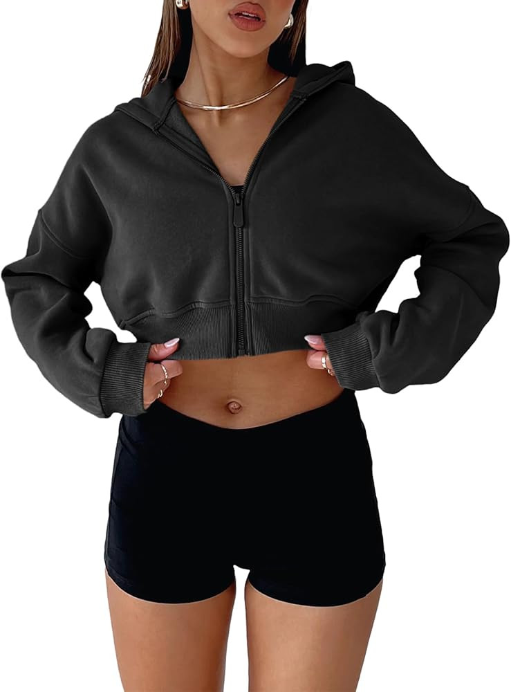 Aurgelmir Women's Cropped Zip Up Hoodie Sweatshirts Long Sleeve Casual Loose Y2K Pullover Tops | Amazon (US)