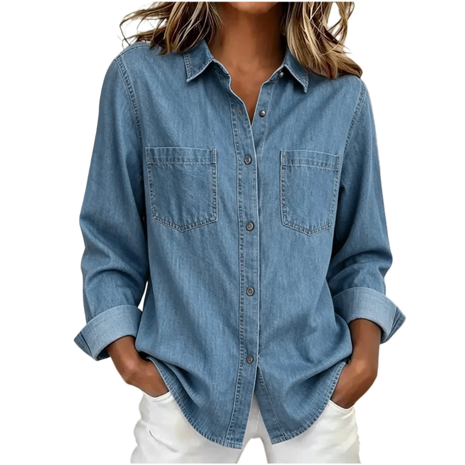 Livrdious Womens Denim Shirts Lightweight Button Down Jean Shirts for Women Curved Hem Boyfriend Shirt V Neck Casual Tops, S-2XL | Walmart (US)