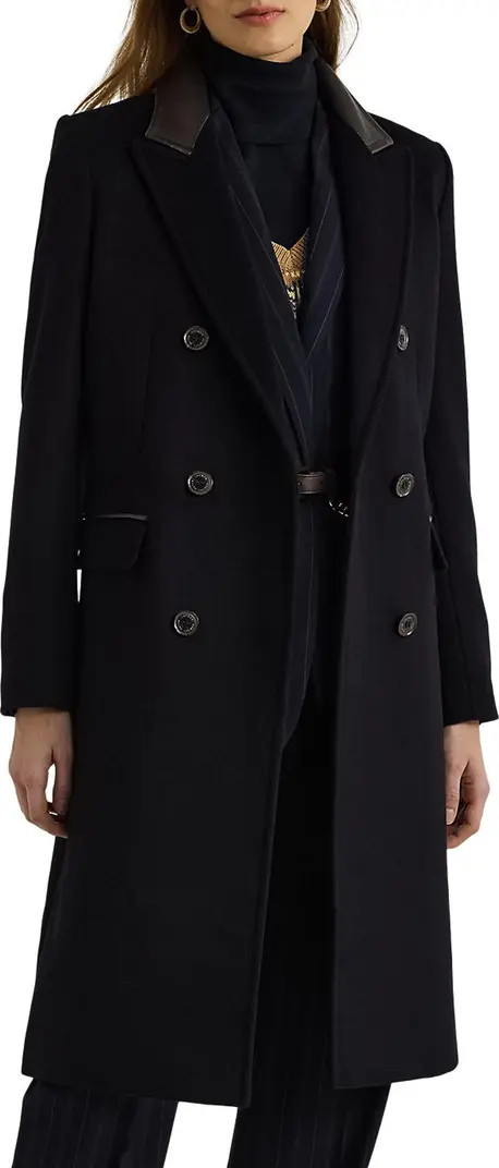 Lauren Ralph Lauren Faux Leather Trim Double Breasted Wool Blend Reefer Coat | Nordstrom | Nordstrom