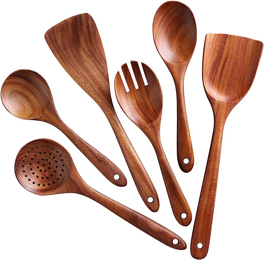 NAYAHOSE Wooden Spoons for Cooking, 6 Pcs Wooden Utensils for Cooking, Natural Teak Wood Non-Stic... | Amazon (US)