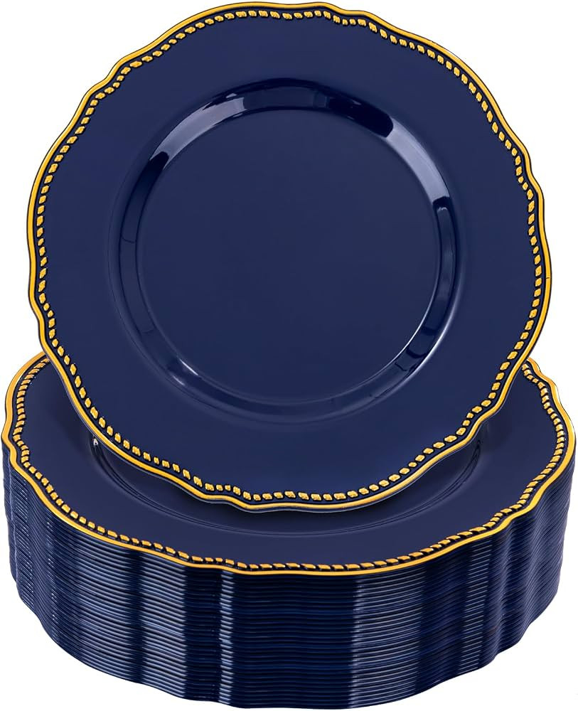 Hioasis 60pcs Blue Plastic Plates - Blue and Gold Disposable Dinnerware with Gold Rim, Heavy-duty... | Amazon (US)