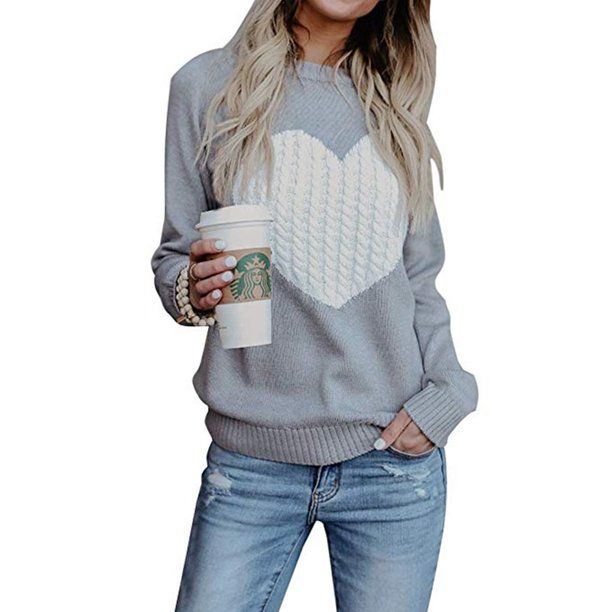 Women's Pullover Sweaters Long Sleeve Crewneck Cute Heart Knitted Sweaters | Walmart (US)