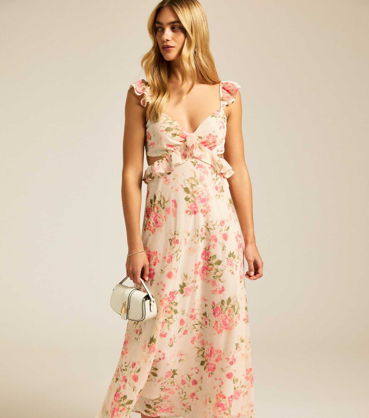 Cream Chiffon Rose Print Ruffle Cut Out Midi Dress | New Look | New Look (UK)