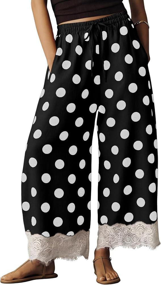 SKIKYAN Women Polka Dot Cropped Pants with Lace Hem High Waist Relaxed Fit Bow Accent Summer Spri... | Amazon (US)
