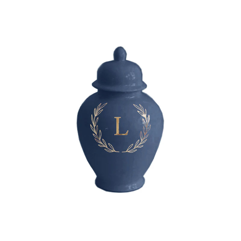 Single Letter Laurel Wreath Monogram Ginger Jars in Navy | Ruby Clay Company