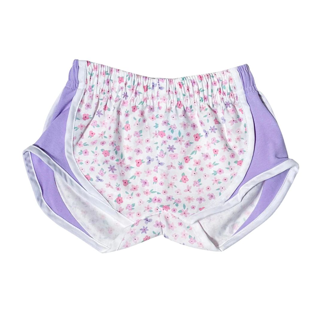 Colorworks Kids Athletic Shorts - Pastel Floral Shorts with Lavender Sides | JoJo Mommy