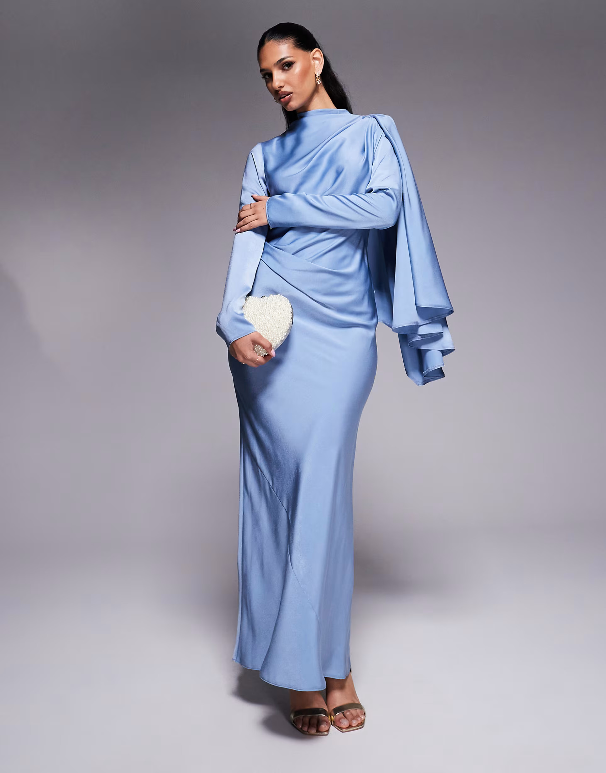 ASOS DESIGN draped satin bias maxi dress with scarf overlay detail in dusky blue | ASOS (Global)