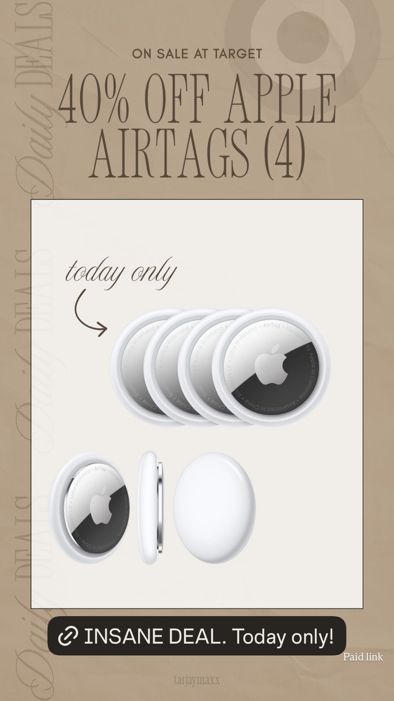 The Apple AirTag 4 pack is marked down to $59.99 (from $99.99) which you literally never see 😭 perfect for keys, bags, luggage, or if you’re always losing everything like me lol. 
#targetfinds #targetdeals #targetcircle #appleairtag #techfinds #dailydeals #salealert #amazonfinds #organizationhacks #lifestylefinds 

 #LTKTravel