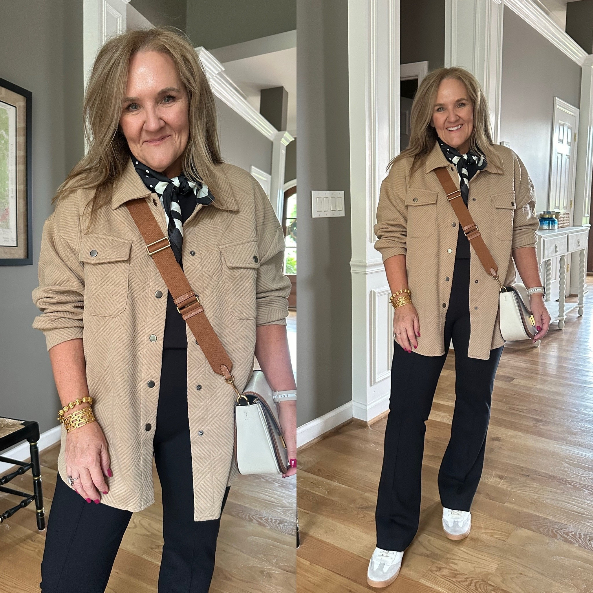 Super cute and comfy travel outfit. 

Pants can be worn casual or elevated. SpanxSmooth technology. Comfort, not compression. A micro flare. Use code NANETTEXSPANX 15% off! 

This shirt jacket is really really good. I’m wearing a large and it’s quite oversized. Love the fit. 

Add a little scarf and your looking put together for your travels! 

Amazon jacket spanx black work pants Kate spade 

#LTKSeasonal #LTKOver40 #LTKTravel