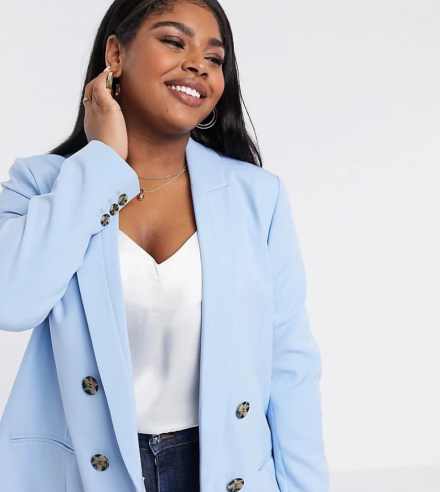 River Island Plus double breasted button blazer in blue | ASOS (Global)