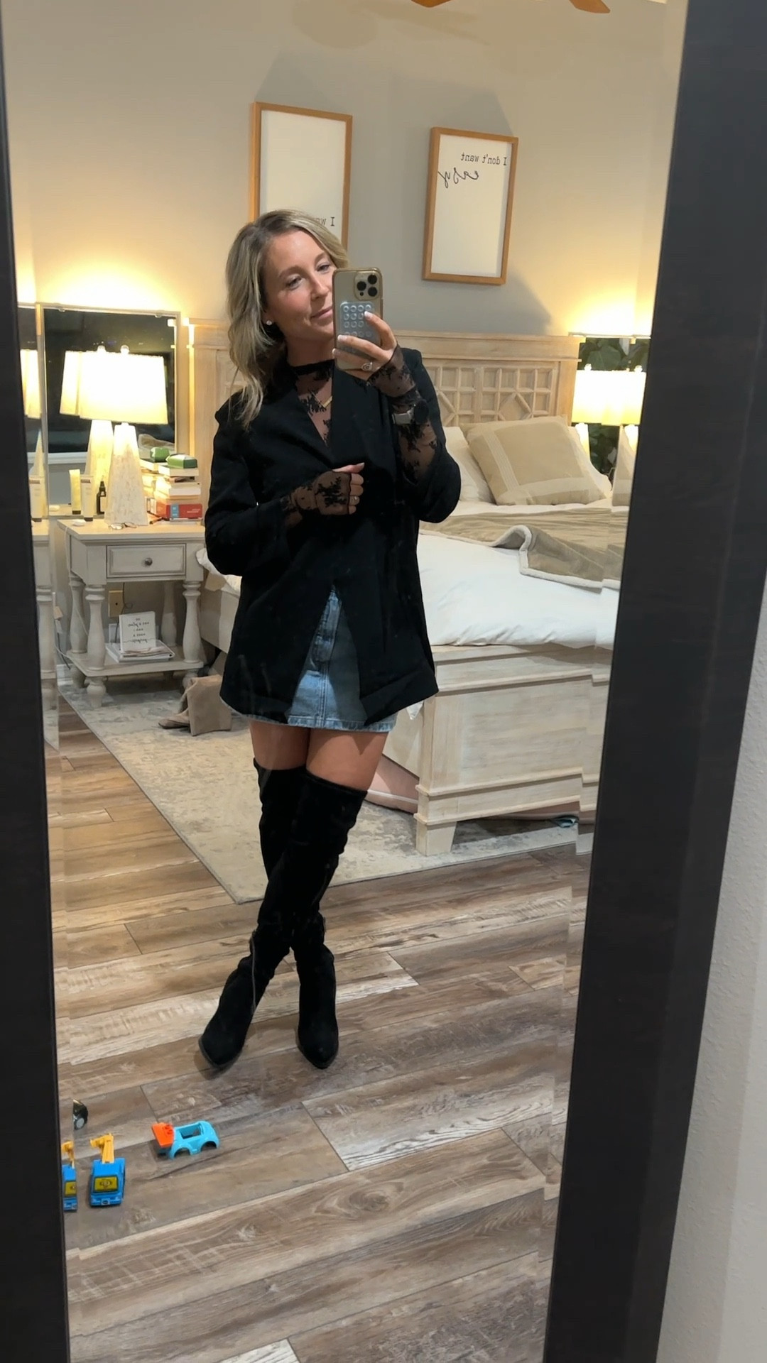 Anniversary date night! 🖤 stepped out of my comfort zone with this one and loved it! I went up one size is the blazer for a little more oversized fit. Usually a 4 but wearing a 6. The shirt is TTS, I’m wearing a small. And the skirt is also TTS but runs slightly on the larger side. I stayed with my normal size but if between sizes, size down. I’m going to wear this with cowboy boots and sparkle blazer I think for a western outfit vibe for Kelsea Ballerini! 