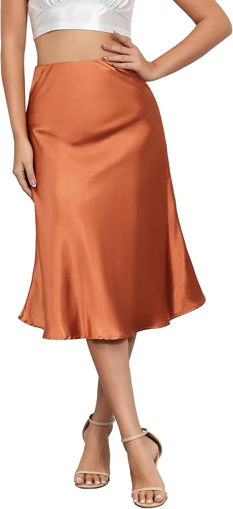 Mist Azur Women Satin Side Split Skirt High Waist Elastic Elegant A Line Midi Skirts for Women | Amazon (US)