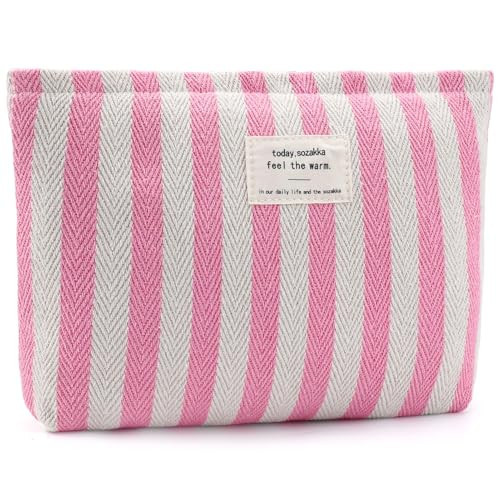 ZLFSRQ Striped Makeup Bag Large Canvas Makeup Bag for Women Pink Cosmetic Pouch for Purse Cute Striped Pencil Pouch Y2k Aesthetic Trendy Zippered Travel Toiletry Bags Gift Skincare Storage Organizer | Amazon (US)