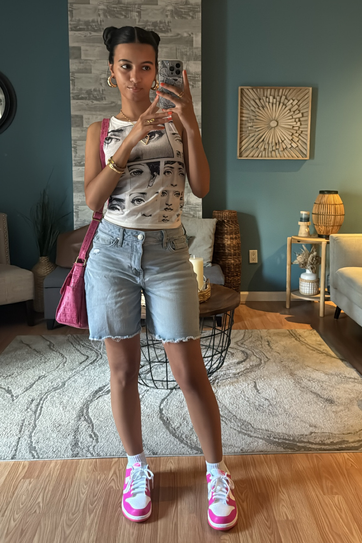 Black and white tank top, eye bring tank top, light denim shorts, denim shorts, pink Nike dunks, pink sneakers, pink shoes, pink bag, cross body bag, bright bag, gold Jewelry, gold hoops

#LTKSpringSale #LTKStyleTip #LTKItBag