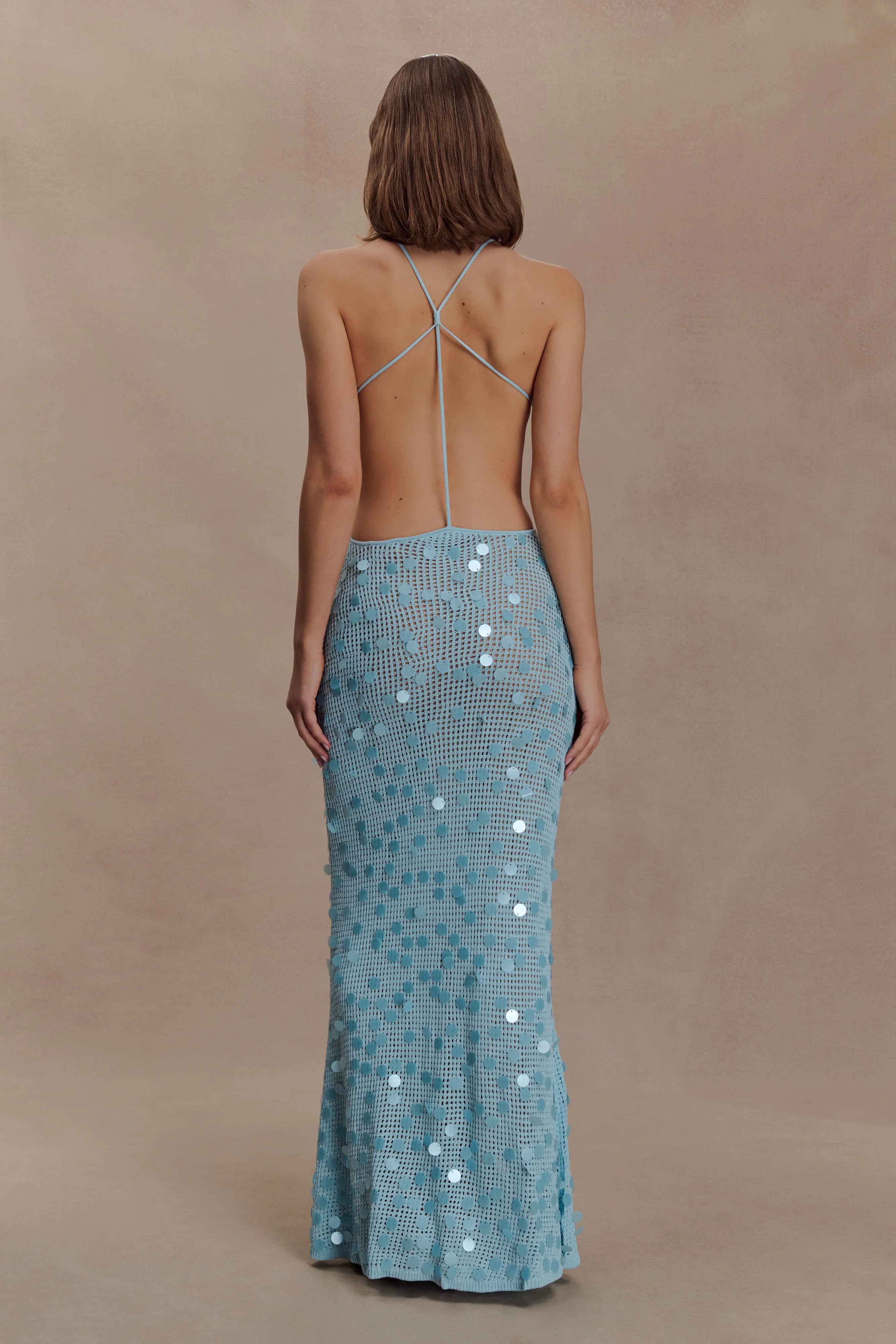 Carmen Crochet Sequin Maxi Open Back Dress - Blue | MESHKI US