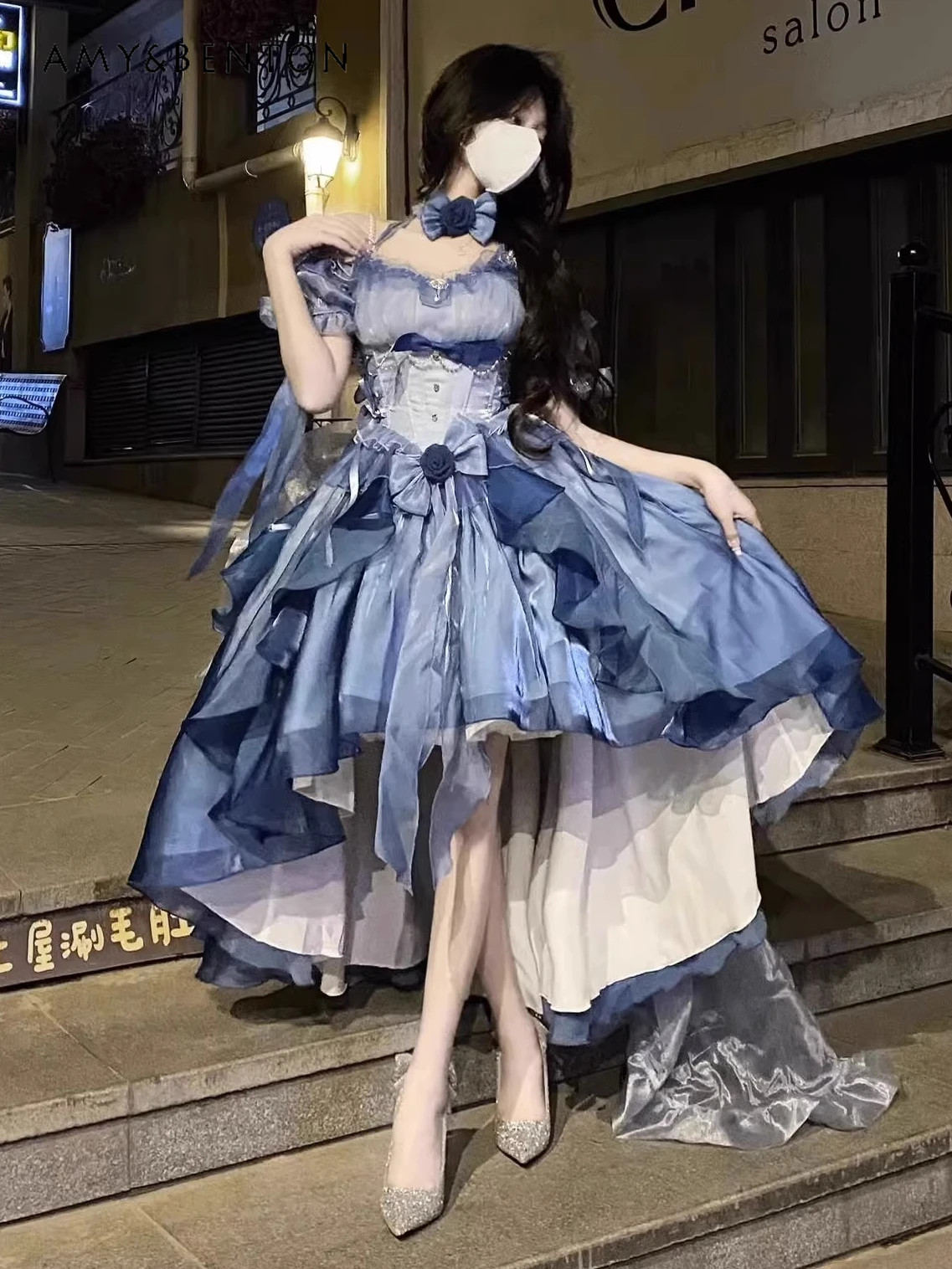 Lolita Dress Fairy Style Bow Pearl Pendant Blue Dresses Sexy Strapless Fashion Irregular Ball Gow... | AliExpress (US)