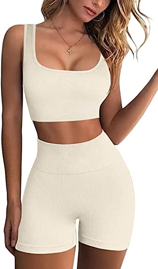 Ribbed Workout Sets for Women 2 Piece Gym Outfits Crop Tops High Waist Running Shorts Yoga Active... | Amazon (US)