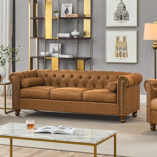 Asucoora Air Leather Tufted Sofa Couch for Living Room, Rolled Arm 3-Seater Sofa Couch with Nailhead Trim and 2 Neck Roll Pillows, Small Apartment Chesterfield Sofa | Amazon (US)