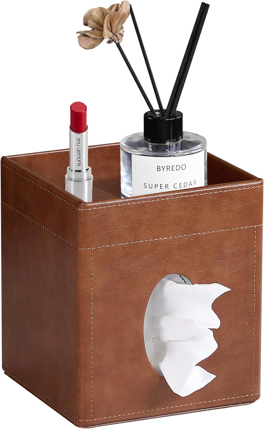 Tissue Box Cover, PU Leather Square Tissue Box Holder with Storage Tray for Bathroom Vanity Count... | Amazon (US)