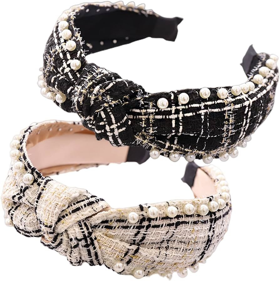 2 Pcs Elegant Beaded Headband for Women Fashion Black White Knotted Pearl Hair Headband for Girls | Amazon (US)