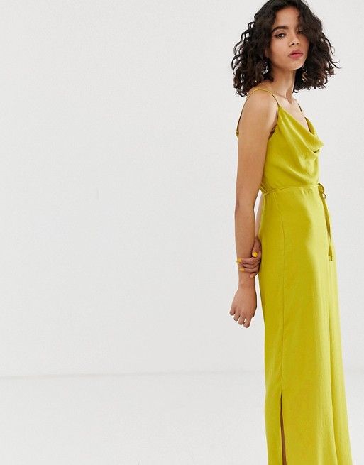 River Island satin jumpsuit with cowl neck in yellow | ASOS US