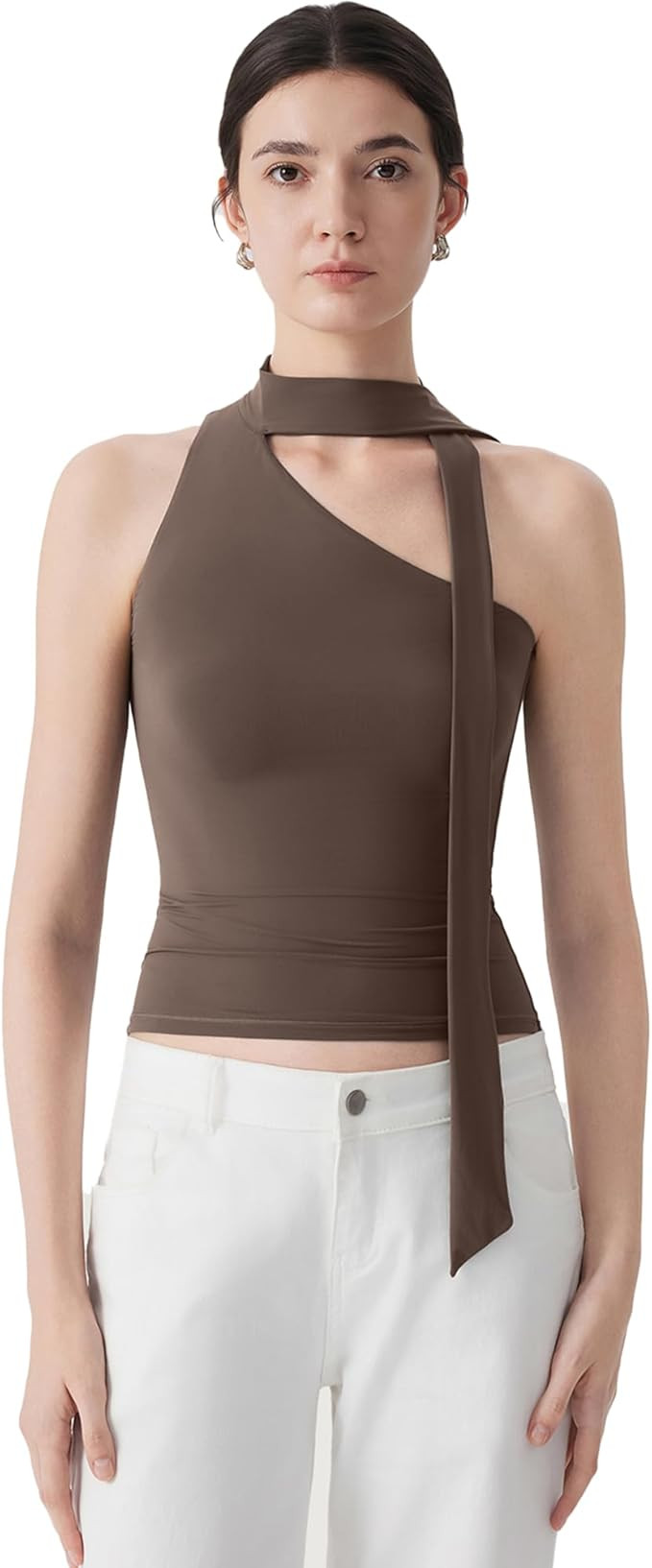 SUUKSESS Women Halter High Neck Tank Tops Off Shoulder Double Lined Going Out Shirts with Scarf | Amazon (US)