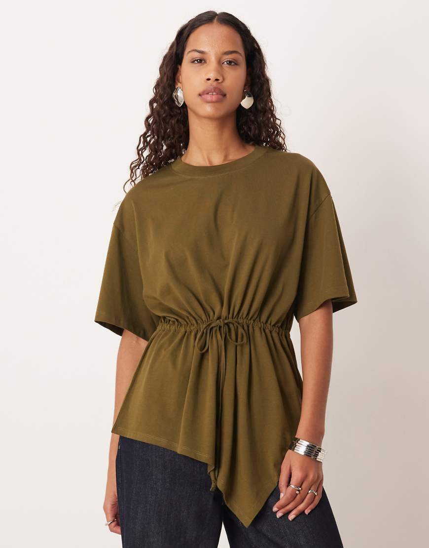 ASOS DESIGN drawstring waist detail t-shirt with asymmetric hem in olive-Green | ASOS (Global)