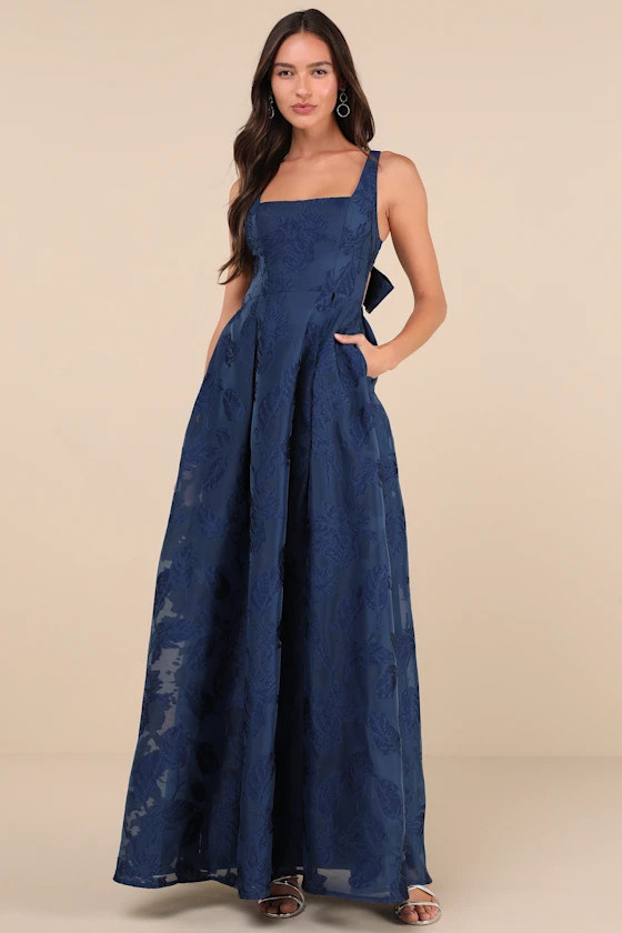 Perfected Aura Navy Jacquard Tie-Back Maxi Dress with Pockets | Lulus