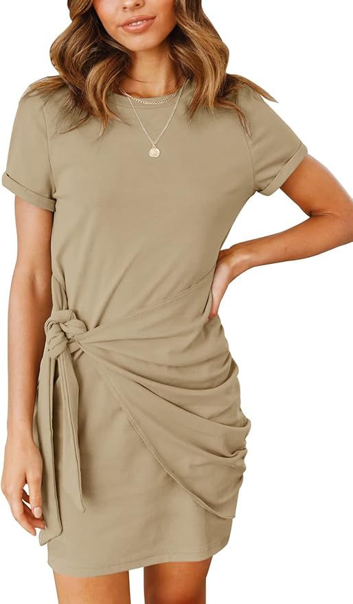 MEROKEETY Women's Short Sleeve Crew Neck T Shirt Dress Tie Waist Ruched Bodycon Mini Dress | Amazon (US)