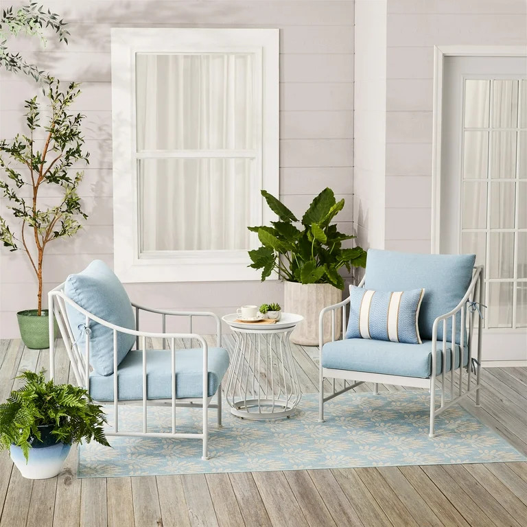 Better Homes & Gardens Aubrey 3-Piece Metal Outdoor Chat Set, White  & Blue | Walmart (US)