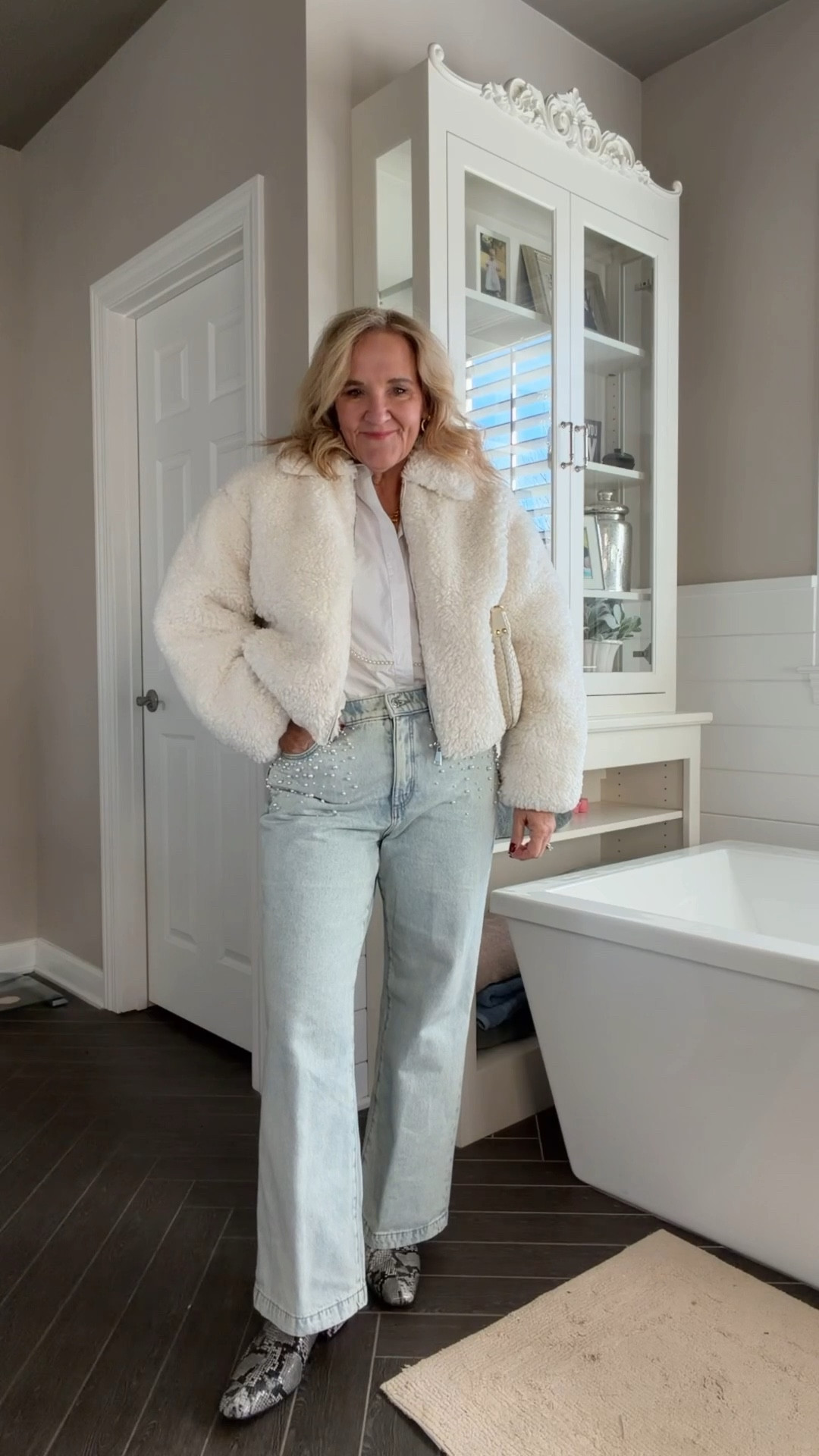 @loft new arrivals. Looks and feels like white Christmas and cozy chic for January. 
Coat size medium petite 
Blouse size medium 
Pearl embellished jeans size 29 petite 
Boots tts 
Julie Vos tanzanite it’s the prettiest blue/lavender 


#LTKPetite #LTKOver40 #LTKSaleAlert