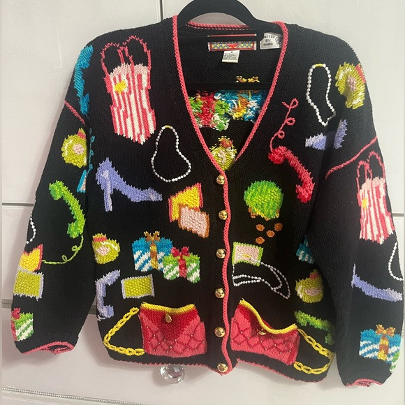 Cardigan Bay Vintage Hand Knit Ladies Shopping Theme Sweater Shoes Pearls Purse | Poshmark
