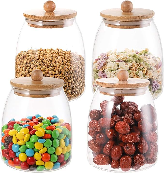 Suwimut 4 Pieces Glass Food Storage Jar with Bamboo Lids, 34 oz Round Clear Glass Airtight Food S... | Amazon (US)