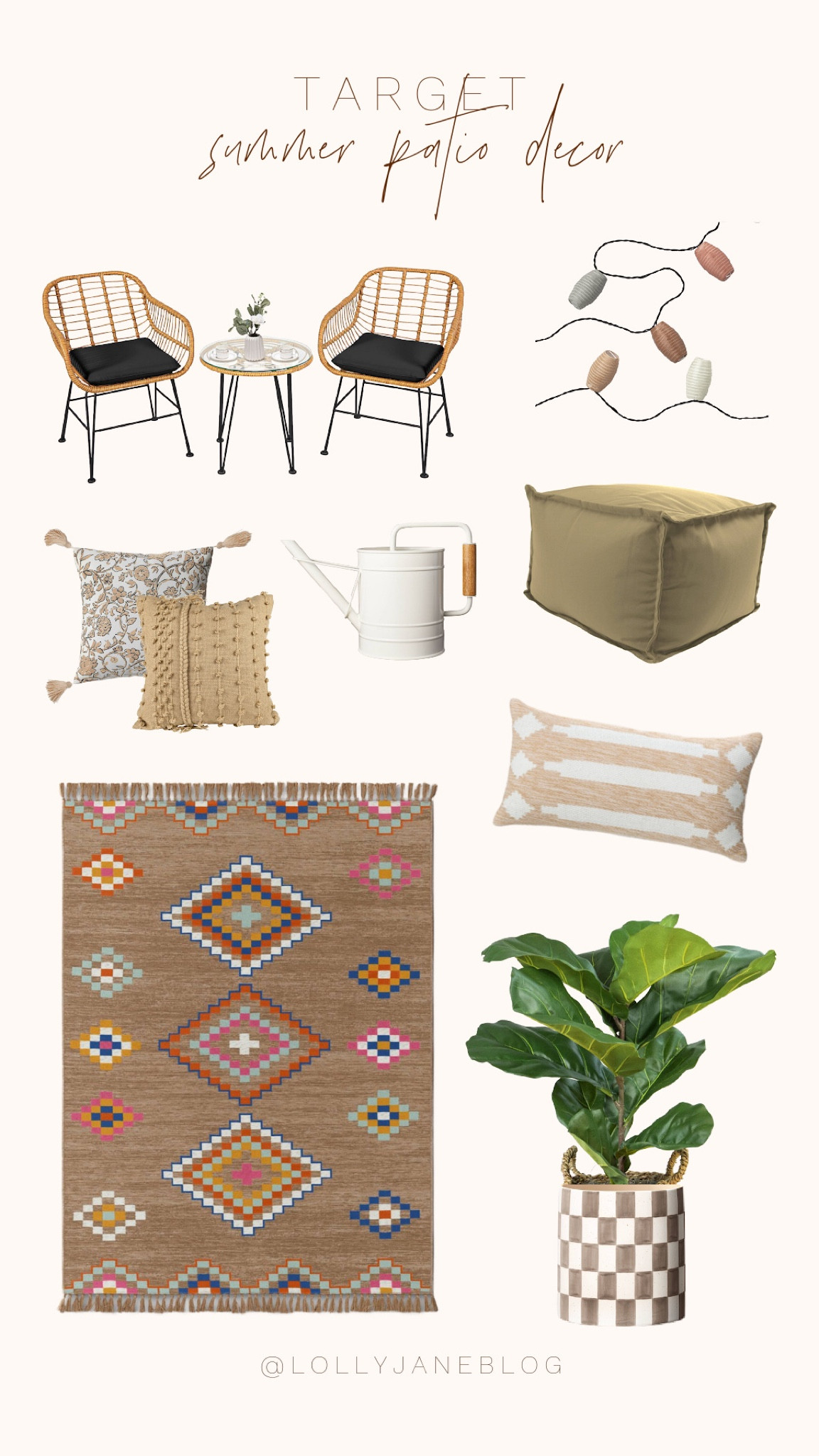 Target Summer Patio decor! ☀️

Target is such a fun place to go outdoor decor shopping! They always have the most fun options available for you AND the kiddos! This patio set is perfect to watch the kids swim, and to throw your feet up this green pouf does the job great! This rug is absolutely stunning and perfect for any outdoor occasion! A fiddle fig tree goes with any vibe, especially a summer patio! These fairy lights are a must for your back yard, and these throw pillows are so stinkin fun! 